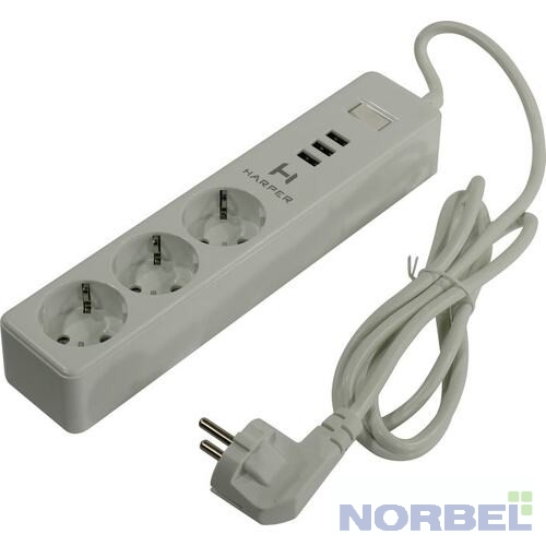 Harper Харпер Сетевой фильтр с USB зарядкой UCH-315 White 3 роз.,1,5м., 3xUSB., 3680W 16А