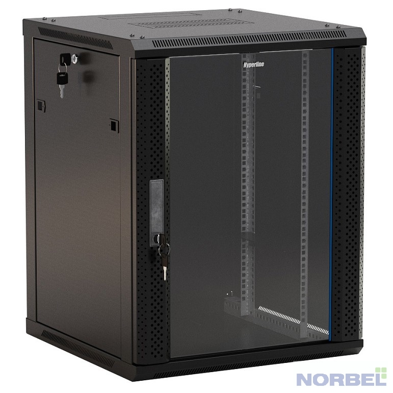 Hyperline Монтажный шкаф TWB-0945-GP-RAL9004 Шкаф настенный 19-дюймовый 19" , 9U, 500x 600х 450мм, стеклянная дверь с перфорацией по бокам, ручка с замком, цвет черный RAL 9004 разобранный