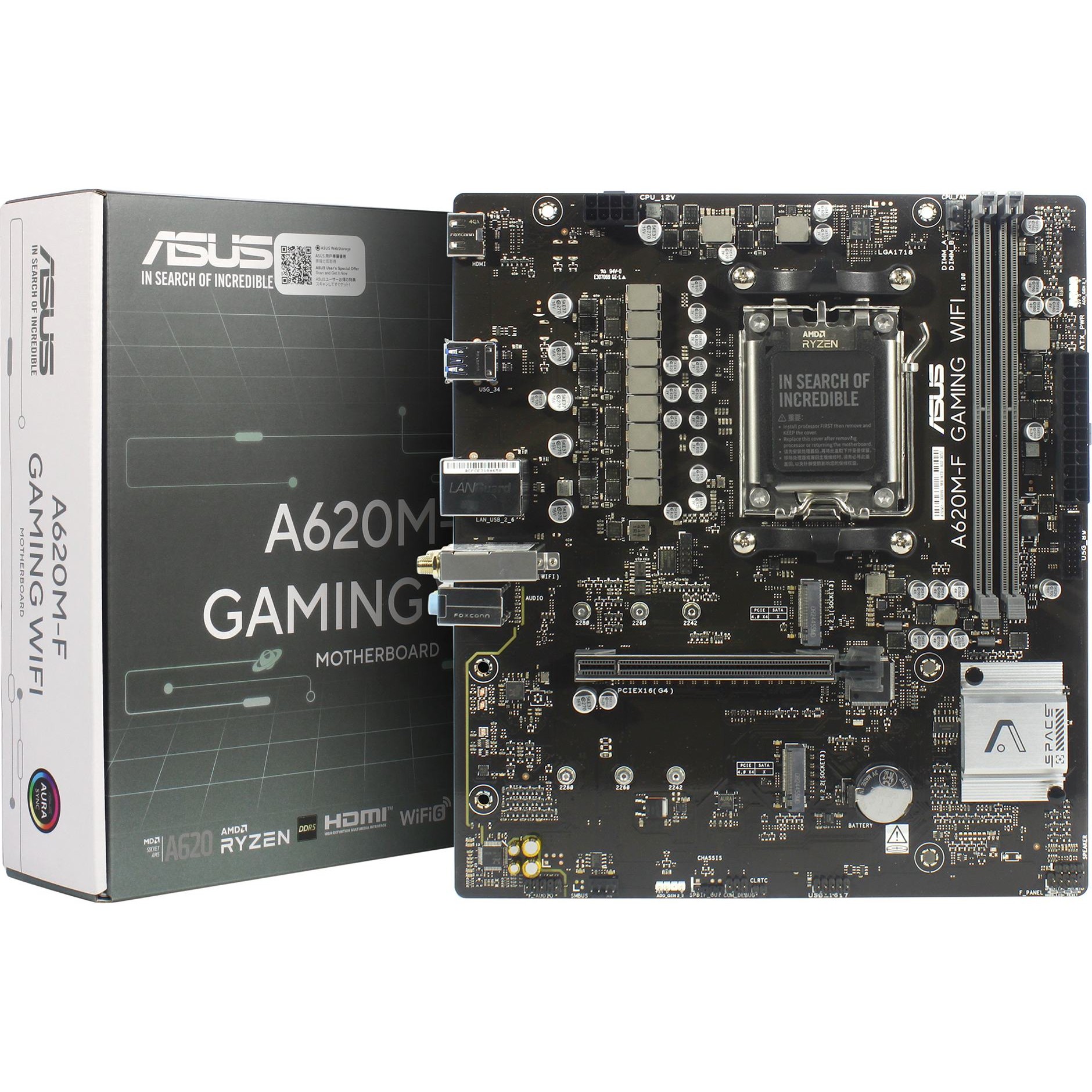 Asus Материнская плата A620M-F GAMING WIFI Socket AM5, mATX, 4xDDR5 192GB , HDMI, 1xPCIe 4.0x16 2xPCIe 3.0x1, 2,5xLAN, 3xM.2, 2,5xLAN,WiFi 6E, BT, 2xUSB 3.2, 4xUSB 2.0,1xPS 2