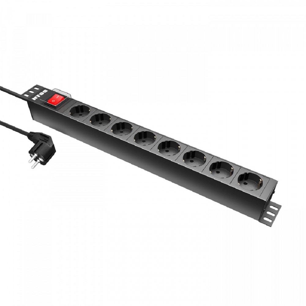 NTSS Блок розеток Блок розеток , 19", 1U, пластик, 1ф16А, 3.7кВт, 8 Schuko CEE , выкл. с подсв.и крыш., 1.8м каб., вил. Schuko -PDU-DA2032