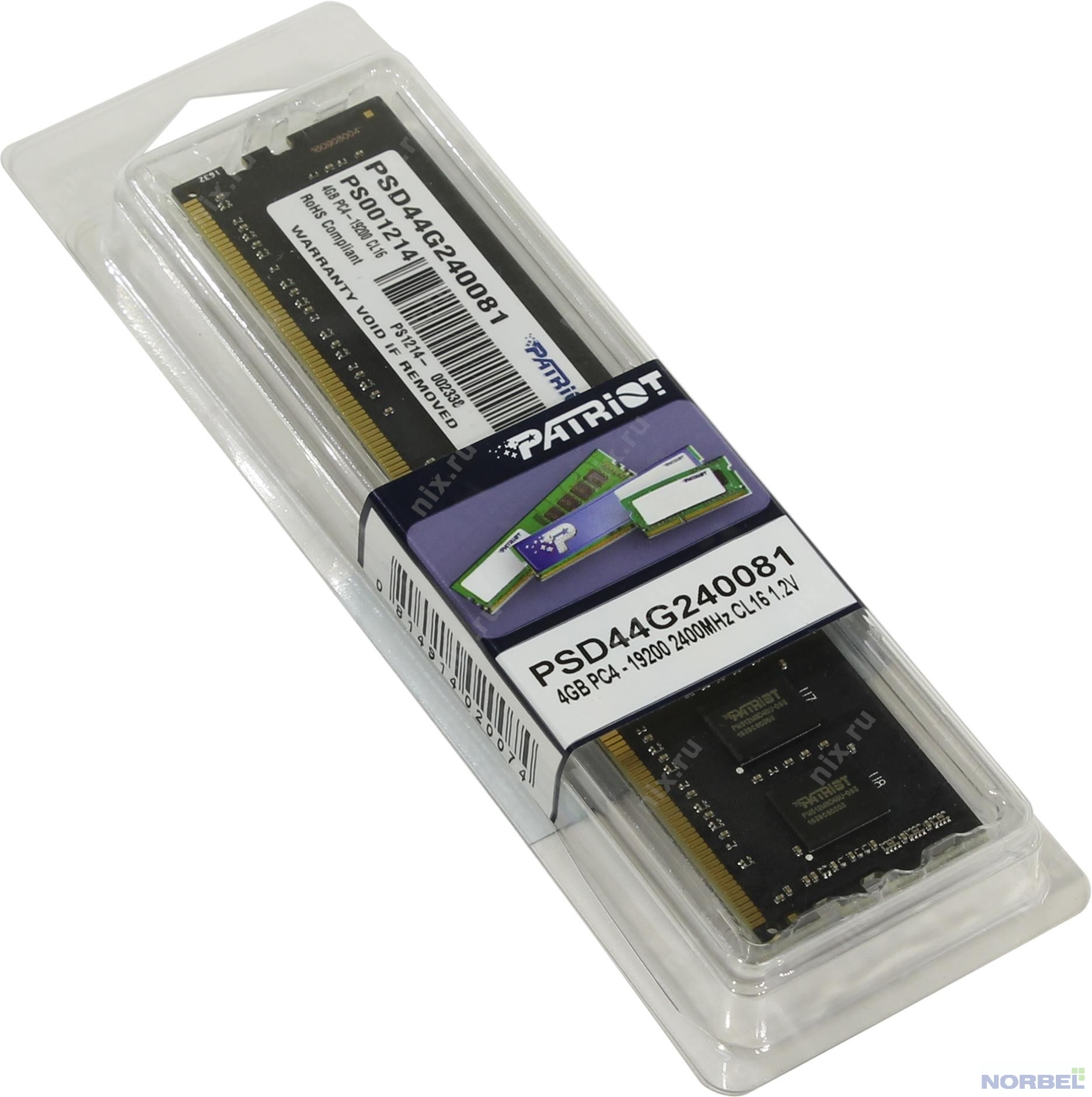Patriot Модуль памяти DDR4 DIMM 4GB PSD44G240081 PC4-19200, 2400MHz
