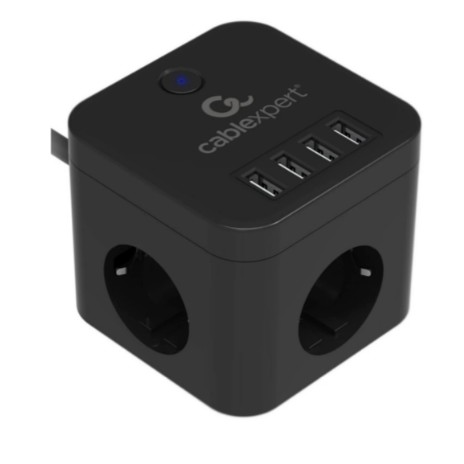 Cablexpert Кабель эксперт Сетевой фильтр Cube CUBE-3-U4-B-1.5 3р, 10А, 4 х USB, 1.5м, ур.защиты 4+ черный, коробка