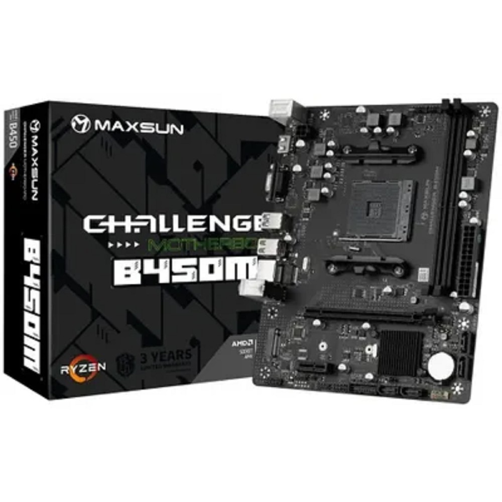MAXSUN Материнская плата MS-Challenger B450M Socket AM4, mATX, 2 DDR4, VGA HDMI, 4 SATA3, 1 M.2, 1 PCIEx16 1 PCIEx1, 2 USB2.0, 2 USB 3.2 Gen1, LAN 1 1G, RTL