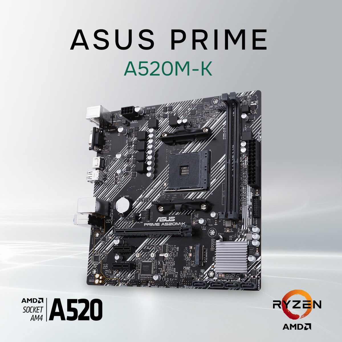 Asus Материнская плата PRIME A520M-K Socket AM4, mATX, 2xDDR4 64GB , VGA HDMI 2.1, 1xPCIe 3.0x16 2xPCIe 3.0, 1xLAN, 4xSATA 6Gb s, 1xM.2, 4xUSB 3.2, 2xUSB 2.0, 1xPS 2