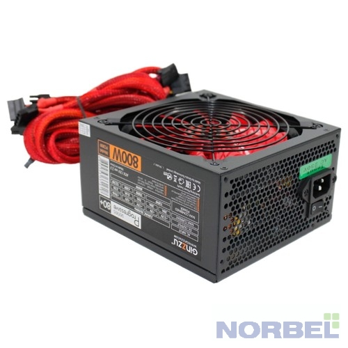 Ginzzu Блок питания PC800 14CM Red 80+ black,APFC,24+4p,4 PCI-E 6+2 , 7 SATA, 4 IDE,оплетка, кабель питания,цветная коробка
