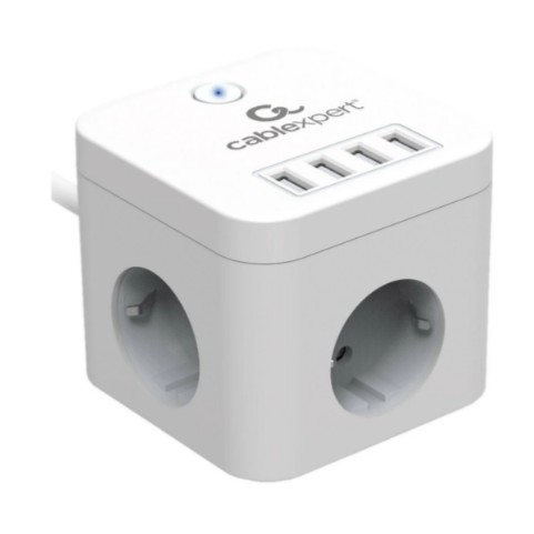 Cablexpert Кабель эксперт Сетевой фильтр Cube CUBE-3-U4-W-1.5 3р, 10А, 4 х USB, 1.5м, ур.защиты 4+ белый, коробка